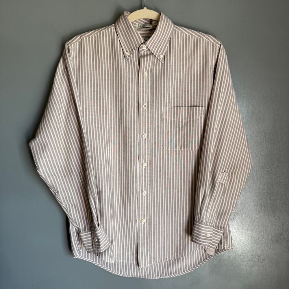 Vintage L.L. Bean Men's L Wine Green Striped Button Up Long Sleeve Collared Top